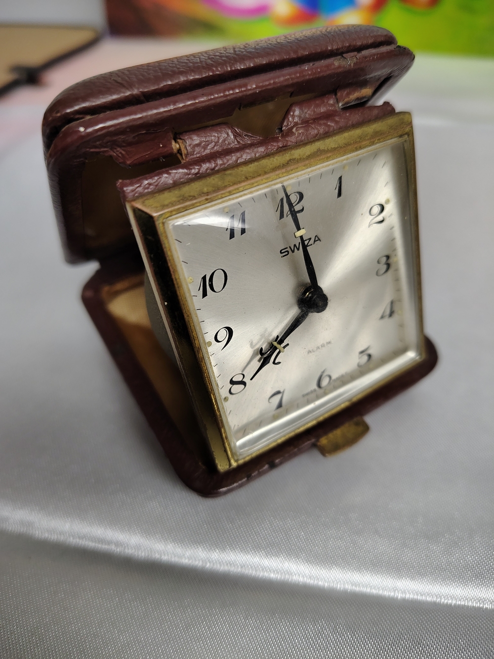 Brown Leather Travel Alarm Clock with Gold-Tone Case